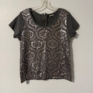 Moth Anthropologie Womens Small Gray Silver Metallic Damask Short Sleeve Sweater